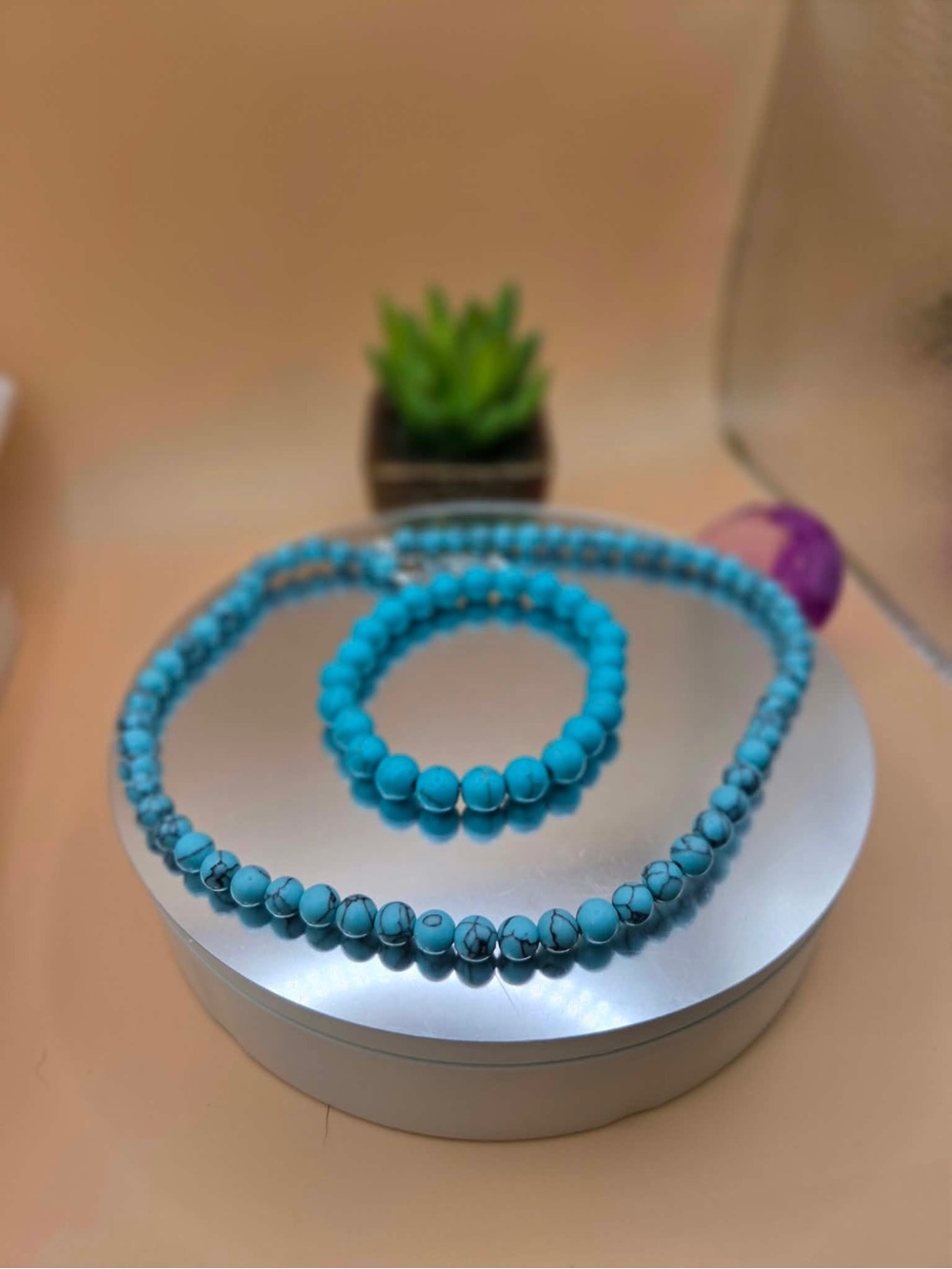 Small Turquoise Beaded Necklace and Bracelet Set - Blue